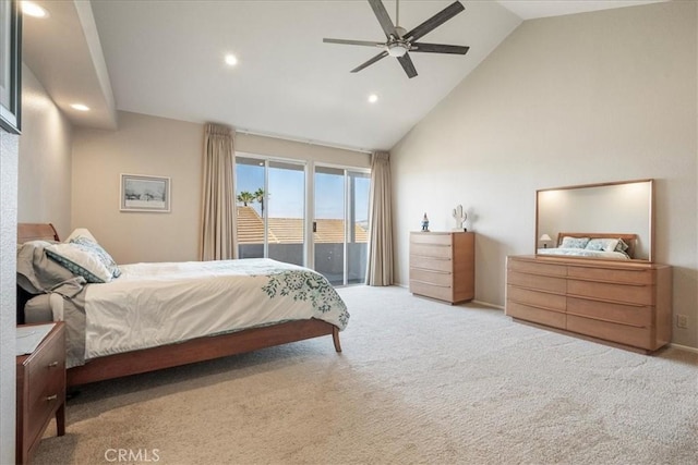 81 Via Larga Vis, Bonsall, CA 92003 - bedroom featuring carpet flooring, recessed lighting, high vaulted ceiling, access to exterior, and ceiling fan