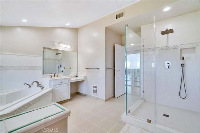 13 Buggy Whip Dr, Rolling Hills, CA 90274 - bathroom featuring a tile shower, a garden tub, tile patterned floors, vanity, and recessed lighting