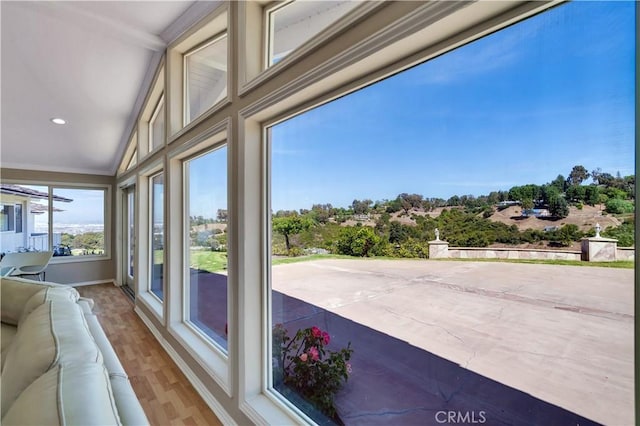 13 Buggy Whip Dr, Rolling Hills, CA 90274 - sunroom featuring ornamental molding, wood finished floors, recessed lighting, and vaulted ceiling