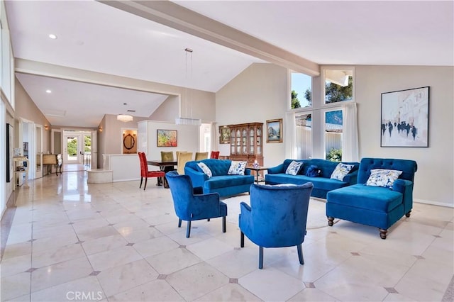 13 Buggy Whip Dr, Rolling Hills, CA 90274 - living room with high vaulted ceiling, beam ceiling, and recessed lighting