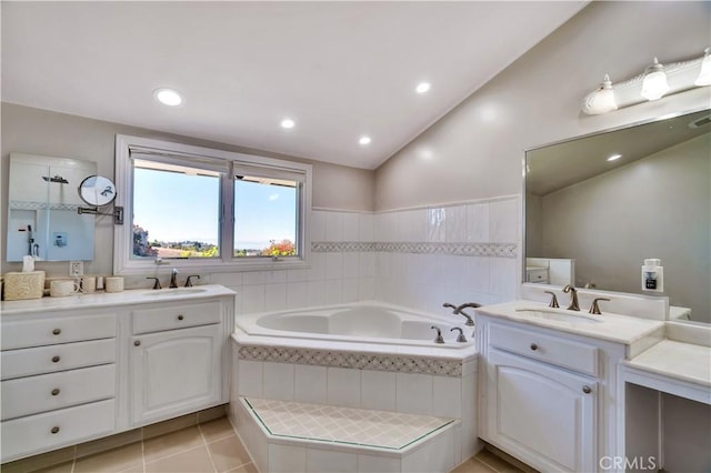 13 Buggy Whip Dr, Rolling Hills, CA 90274 - full bath with two vanities, a bath, vaulted ceiling, tile patterned floors, and recessed lighting