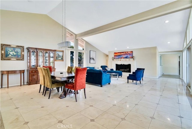 13 Buggy Whip Dr, Rolling Hills, CA 90274 - dining area featuring high vaulted ceiling, recessed lighting, and a fireplace