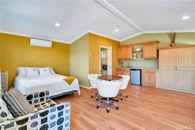 13 Buggy Whip Dr, Rolling Hills, CA 90274 - bedroom with a wall mounted air conditioner, ornamental molding, light wood finished floors, bar with sink, and recessed lighting