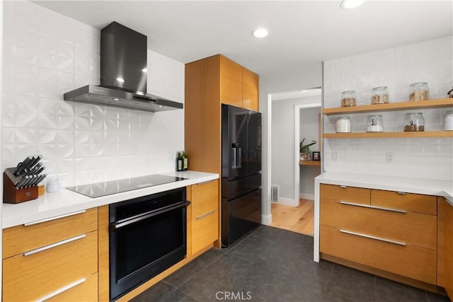2008 N Capella Ct, Costa Mesa, CA 92626 - kitchen featuring black appliances, wall chimney range hood, modern cabinets, tasteful backsplash, and recessed lighting