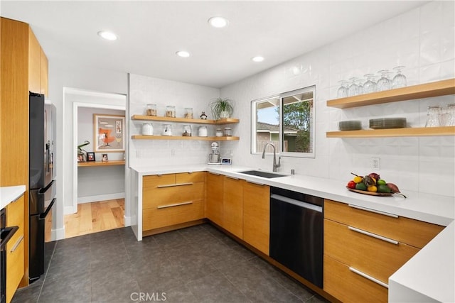 2008 N Capella Ct, Costa Mesa, CA 92626 - kitchen featuring stainless steel dishwasher, modern cabinets, open shelves, fridge with ice dispenser, and light countertops