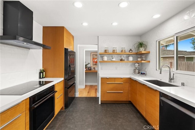2008 N Capella Ct, Costa Mesa, CA 92626 - kitchen featuring exhaust hood, black appliances, modern cabinets, light countertops, and recessed lighting