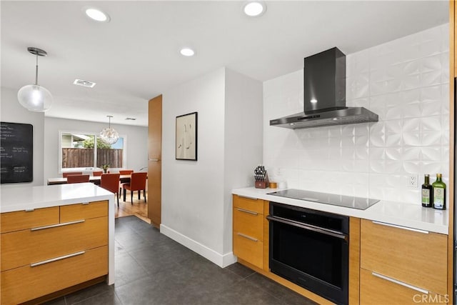 2008 N Capella Ct, Costa Mesa, CA 92626 - kitchen featuring black appliances, wall chimney range hood, modern cabinets, light countertops, and recessed lighting
