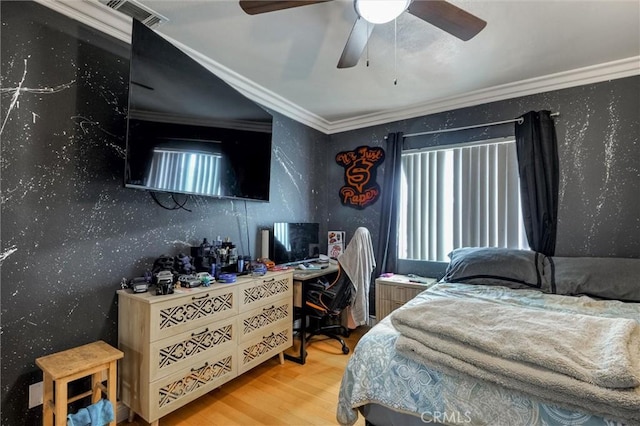 13203 Gyna Ln, La Puente, CA 91746 - bedroom featuring wood finished floors, crown molding, a desk, and ceiling fan
