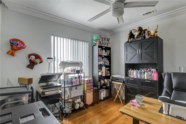 13203 Gyna Ln, La Puente, CA 91746 - office featuring a ceiling fan, crown molding, and light wood finished floors