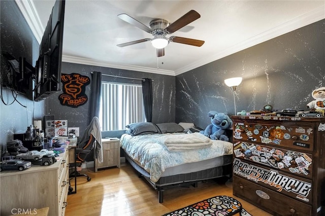 13203 Gyna Ln, La Puente, CA 91746 - bedroom with light wood-style flooring, crown molding, wallpapered walls, and a ceiling fan