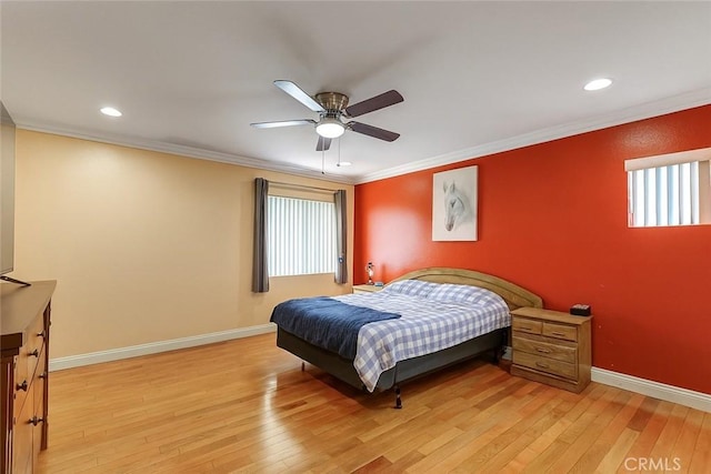 13203 Gyna Ln, La Puente, CA 91746 - bedroom with light wood-type flooring, multiple windows, ornamental molding, recessed lighting, and ceiling fan