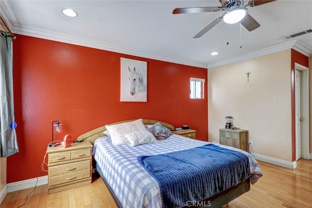 13203 Gyna Ln, La Puente, CA 91746 - bedroom with wood-type flooring, recessed lighting, crown molding, and ceiling fan