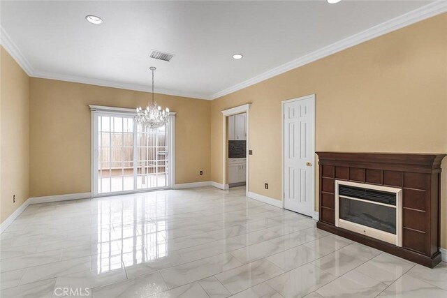 13203 Gyna Ln, La Puente, CA 91746 - unfurnished living room featuring light marble finish flooring, a chandelier, crown molding, recessed lighting, and a fireplace