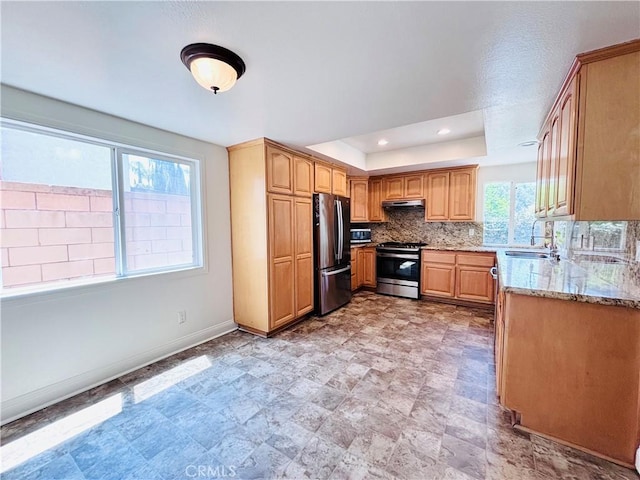 10349 Victoria St, Rancho Cucamonga, CA 91701 - kitchen with stainless steel appliances, a tray ceiling, light stone counters, decorative backsplash, and under cabinet range hood