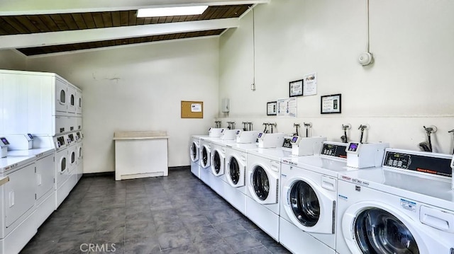 1000 W Macarthur Blvd Unit 57, Santa Ana, CA 92707 - communal laundry room featuring washer and dryer, stacked washer / drying machine, and wooden ceiling