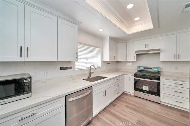 15832 Apollo Pl, Gardena, CA 90249 - kitchen featuring appliances with stainless steel finishes, under cabinet range hood, a raised ceiling, recessed lighting, and white cabinets