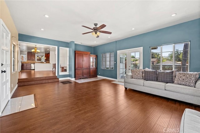 7314 Summitrose St, Tujunga, CA 91042 - living area with french doors, ceiling fan, recessed lighting, a chandelier, and wood finished floors