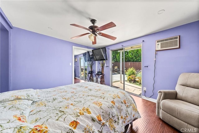7314 Summitrose St, Tujunga, CA 91042 - bedroom featuring access to exterior, a wall mounted air conditioner, wood finished floors, and ceiling fan