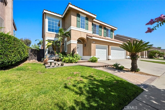 827 La Cadena Ln, Corona, CA 92879 - mediterranean / spanish house featuring a garage, a tile roof, driveway, and stucco siding