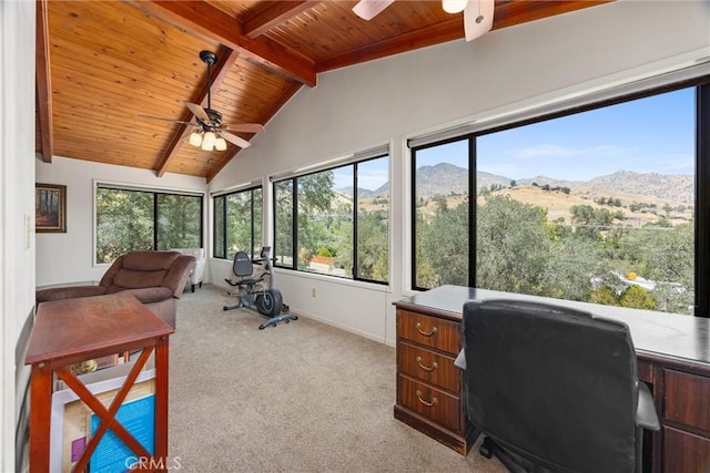 501 Old State Rd, Wofford Heights, CA 93285 - office area featuring ceiling fan, wooden ceiling, a mountain view, and light carpet