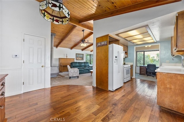 501 Old State Rd, Wofford Heights, CA 93285 - kitchen featuring dark wood-style flooring, wood ceiling, a ceiling fan, light countertops, and white appliances