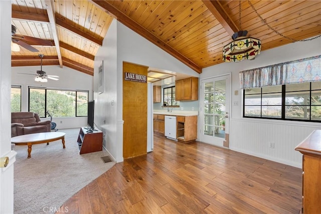501 Old State Rd, Wofford Heights, CA 93285 - kitchen featuring wood-type flooring, a wooden ceiling with exposed beams, open floor plan, a ceiling fan, and light countertops