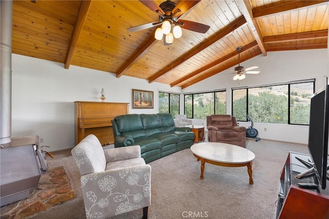 501 Old State Rd, Wofford Heights, CA 93285 - living area featuring a wood ceiling with exposed beams, carpet floors, a wood stove, a ceiling fan, and high vaulted ceiling