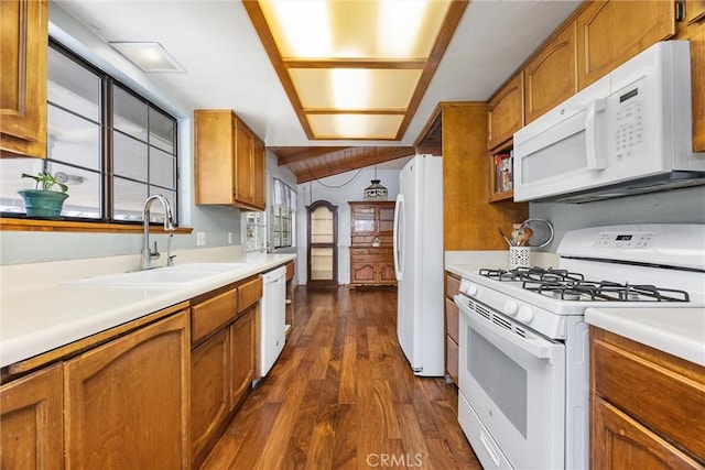 501 Old State Rd, Wofford Heights, CA 93285 - kitchen with white appliances, brown cabinetry, dark wood-style floors, and lofted ceiling