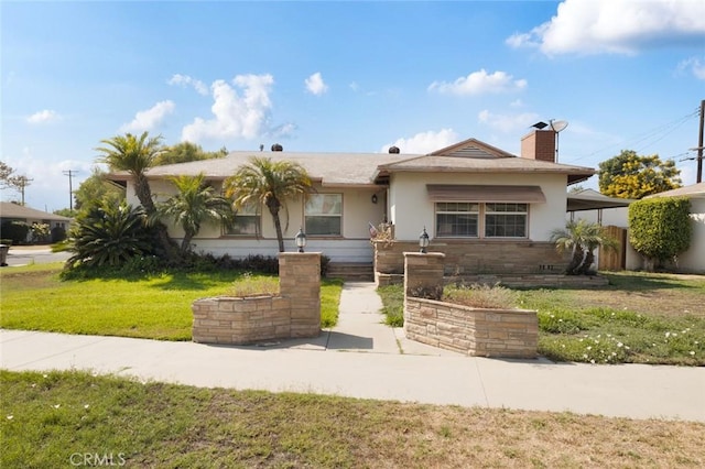 6837 Boer Ave, Whittier, CA 90606 - ranch-style home with a front yard, a chimney, and stucco siding