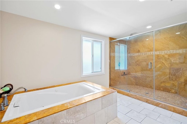 17211 Orozco St, Granada Hills, CA 91344 - full bath featuring a jetted tub, a shower stall, recessed lighting, and tile patterned floors