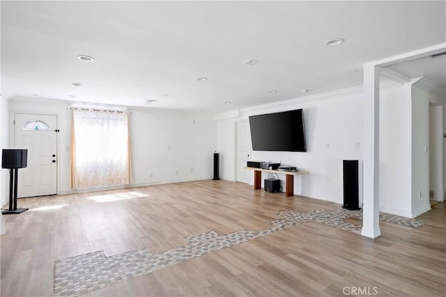 17211 Orozco St, Granada Hills, CA 91344 - unfurnished living room featuring light wood-style floors, ornamental molding, and recessed lighting