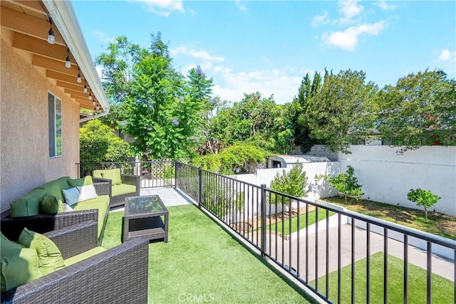 17211 Orozco St, Granada Hills, CA 91344 - fenced backyard featuring an outdoor hangout area and a balcony