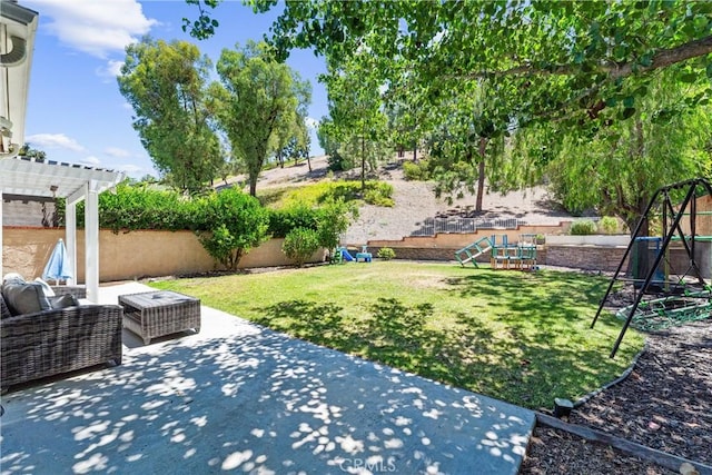 5742 E Hudson Bay Dr, Anaheim, CA 92807 - fenced backyard featuring a playground, a patio, and a pergola