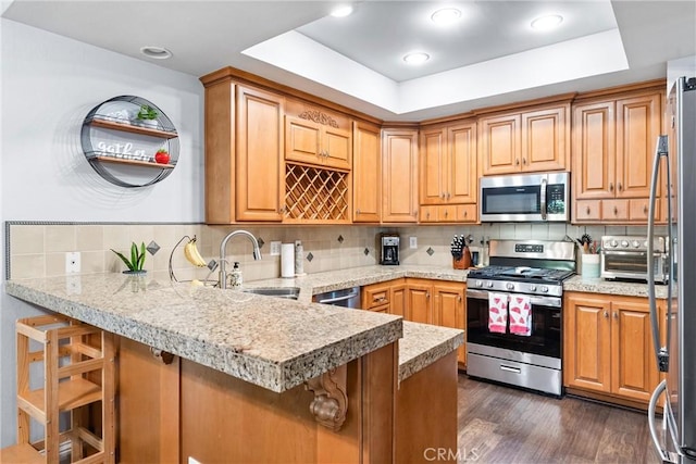 5742 E Hudson Bay Dr, Anaheim, CA 92807 - kitchen featuring stainless steel appliances, a peninsula, a tray ceiling, and light countertops