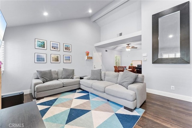5742 E Hudson Bay Dr, Anaheim, CA 92807 - living area featuring high vaulted ceiling, wood finished floors, ceiling fan, and recessed lighting
