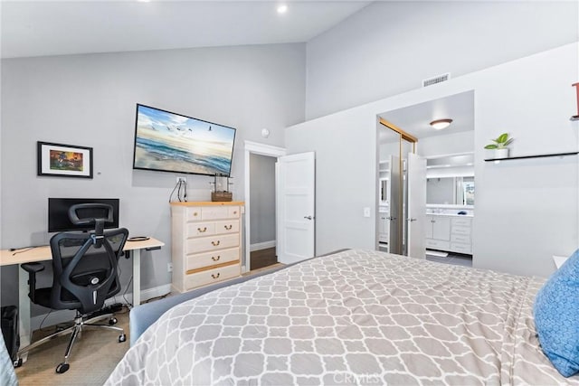 5742 E Hudson Bay Dr, Anaheim, CA 92807 - bedroom with high vaulted ceiling, an office area, ensuite bath, and carpet flooring