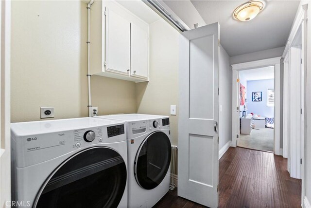 5742 E Hudson Bay Dr, Anaheim, CA 92807 - laundry area with separate washer and dryer, dark wood-type flooring, and cabinet space
