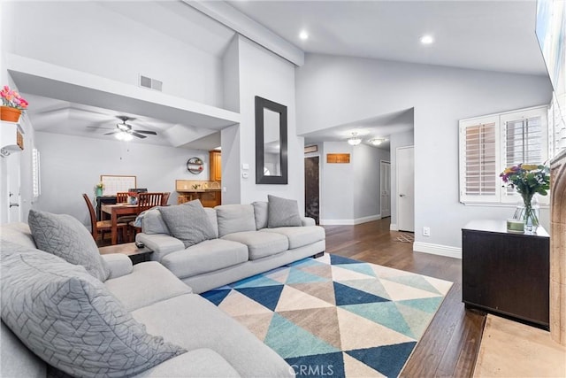 5742 E Hudson Bay Dr, Anaheim, CA 92807 - living room featuring high vaulted ceiling, a ceiling fan, wood finished floors, and recessed lighting