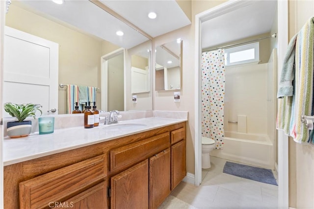 5742 E Hudson Bay Dr, Anaheim, CA 92807 - full bathroom featuring vanity, shower / bathtub combination with curtain, tile patterned floors, and recessed lighting