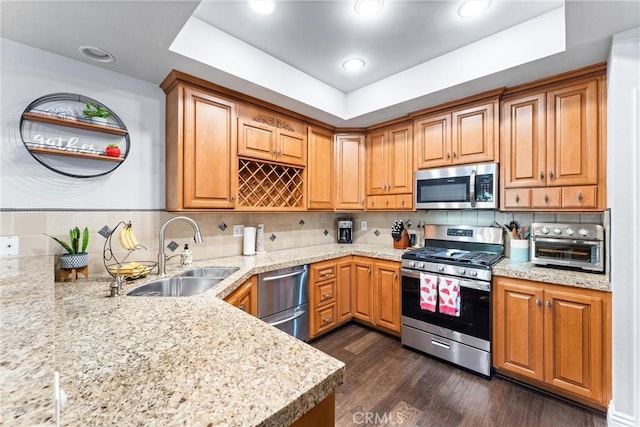 5742 E Hudson Bay Dr, Anaheim, CA 92807 - kitchen featuring appliances with stainless steel finishes, a tray ceiling, decorative backsplash, dark wood-type flooring, and recessed lighting