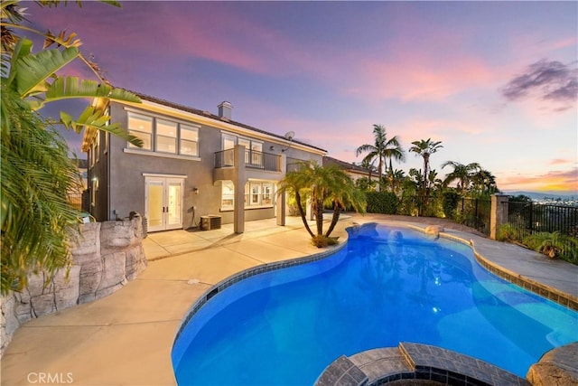 23735 Canyon Vista Ct, Diamond Bar, CA 91765 - view of pool featuring a fenced backyard, french doors, a patio, and a pool with connected hot tub