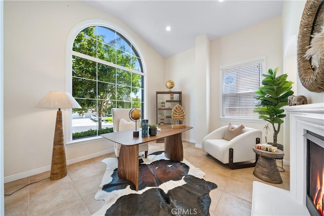 23735 Canyon Vista Ct, Diamond Bar, CA 91765 - office space with light tile patterned flooring, healthy amount of natural light, vaulted ceiling, a lit fireplace, and recessed lighting