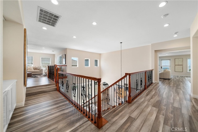 23735 Canyon Vista Ct, Diamond Bar, CA 91765 - hall featuring an upstairs landing, wood finished floors, and recessed lighting