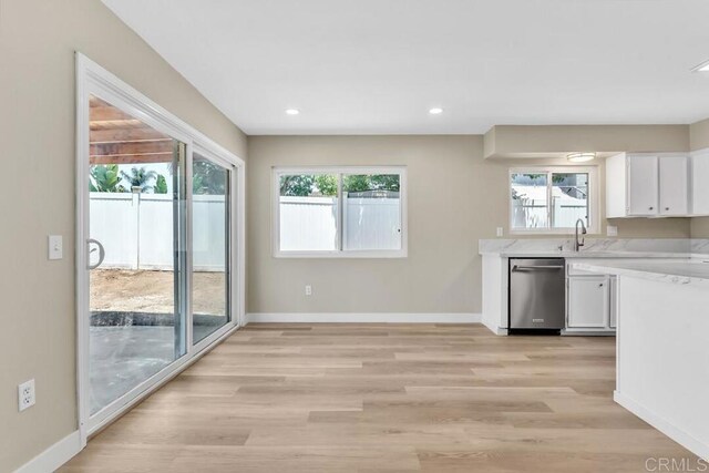 10758 Princess Arlene Dr, Santee, CA 92071 - kitchen featuring dishwasher, white cabinetry, light wood finished floors, and recessed lighting
