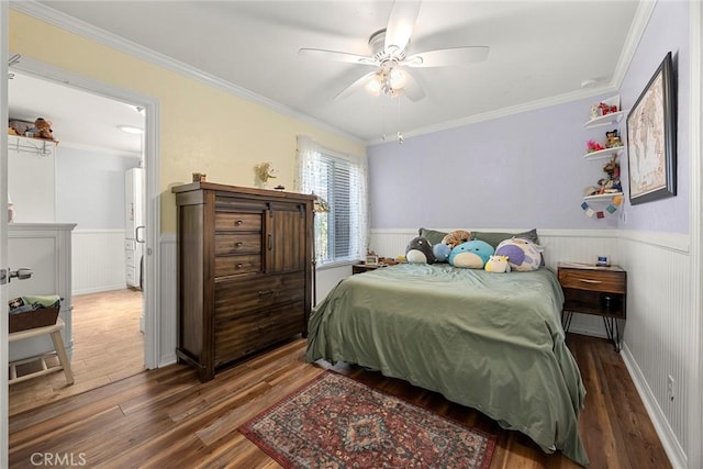 24481 Jutewood Pl, Lake Forest, CA 92630 - bedroom featuring wood finished floors, wainscoting, crown molding, and a ceiling fan