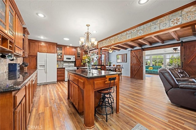 24481 Jutewood Pl, Lake Forest, CA 92630 - kitchen featuring open floor plan, a ceiling fan, brown cabinetry, white appliances, and recessed lighting