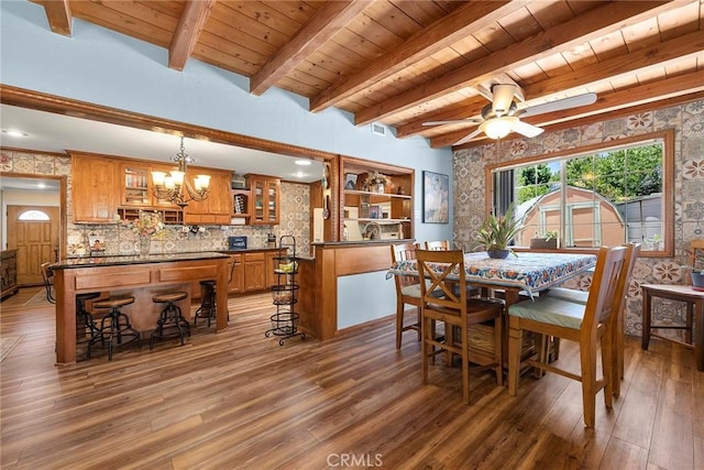 24481 Jutewood Pl, Lake Forest, CA 92630 - dining room featuring light wood finished floors, a wooden ceiling with exposed beams, a chandelier, a ceiling fan, and wallpapered walls