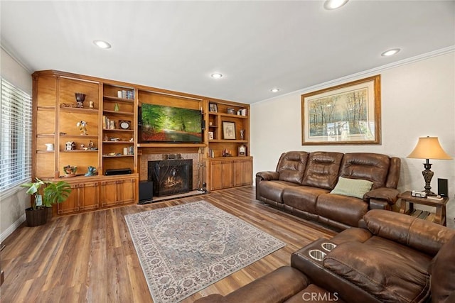 24481 Jutewood Pl, Lake Forest, CA 92630 - living area with ornamental molding, a warm lit fireplace, wood finished floors, and recessed lighting