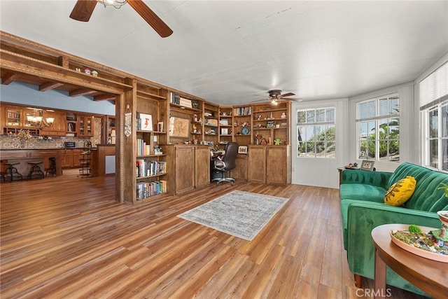 24481 Jutewood Pl, Lake Forest, CA 92630 - living room featuring ceiling fan, an office area, and light wood-style floors