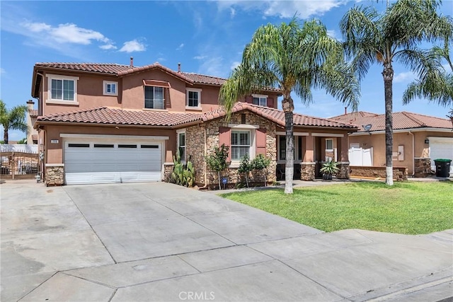 296 Lady Bell Way, Perris, CA 92571 - mediterranean / spanish-style home with stone siding, concrete driveway, stucco siding, a front lawn, and an attached garage